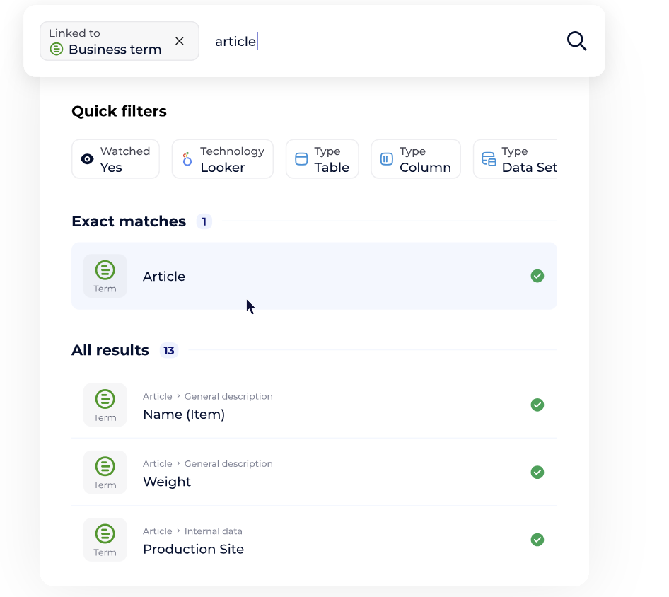 Interface de recherche dans un glossaire métier illustrant la documentation des données dans un cadre de gouvernance des données.