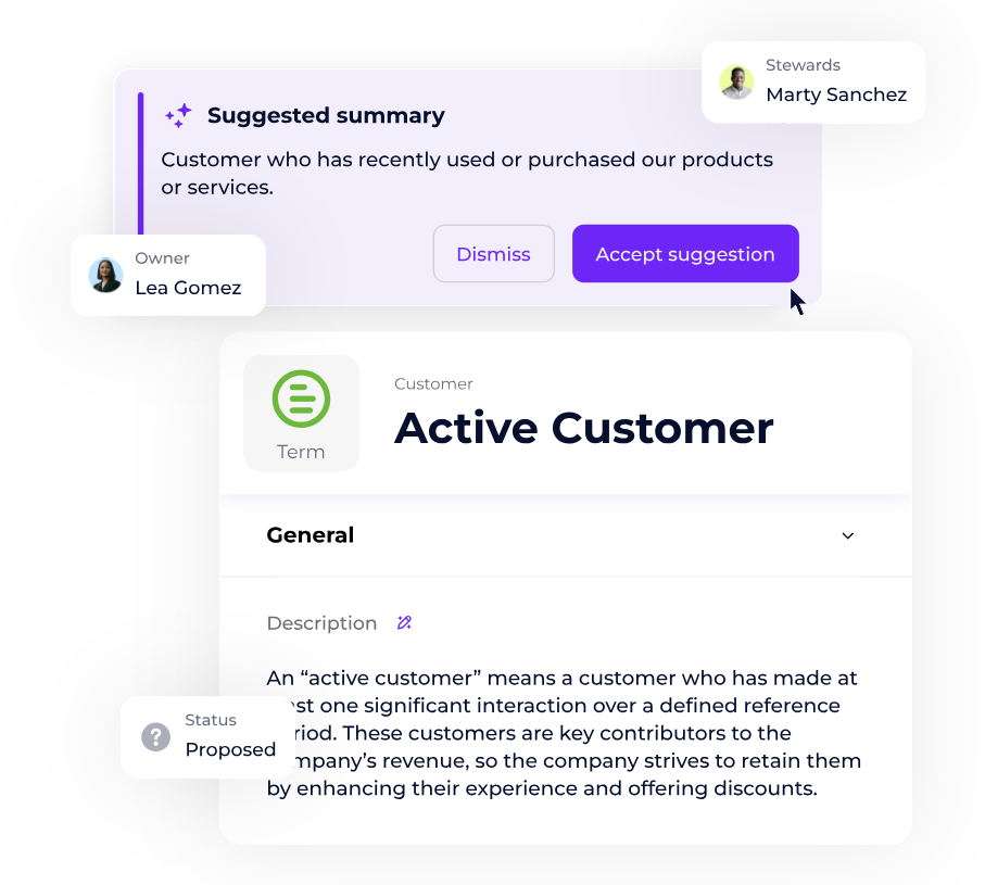 Exemple de semantic layer avec glossaire métier enrichi par IA pour contextualiser les données