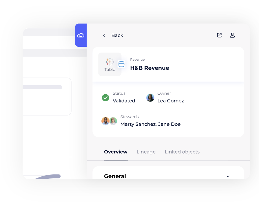 Exemple de collaboration en data observabilité avec statut validé, owner et data stewards